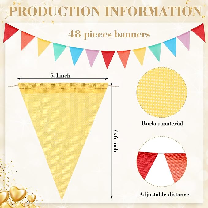 Boao 48 Pieces 36 Feet 4.9x6.7 Inch Colorful Pennant Flags Banner Imitated Burlap Bunting Banner Triangle Flag Garland for Classroom Birthday Carnival Wedding Party and Festival Decor(Rainbow Color)