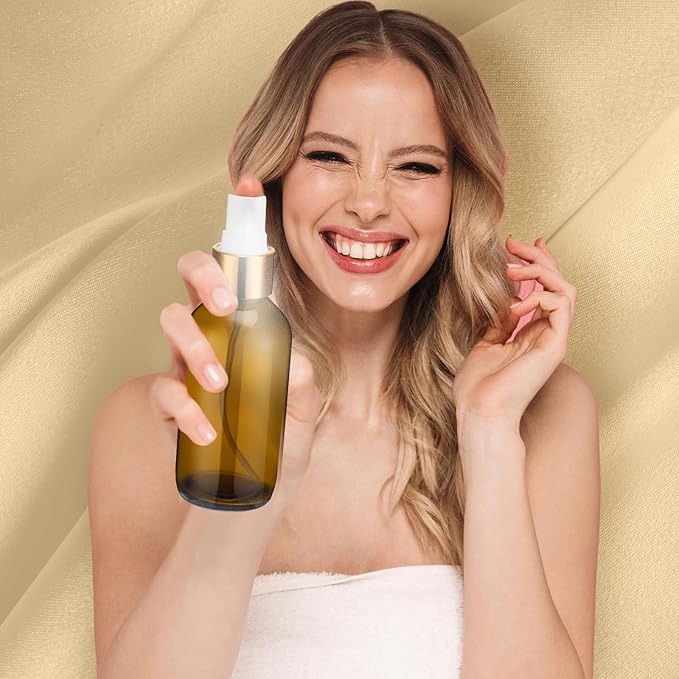 Fumete 2 Pack Glass Bottles 4oz Empty Refillable Liquid Containers with 1 Label 1 Funnel for Essential Oils Hair Travel Plants Cleaning Skin Care(Amber, Golden Top,Mist Bottle)
