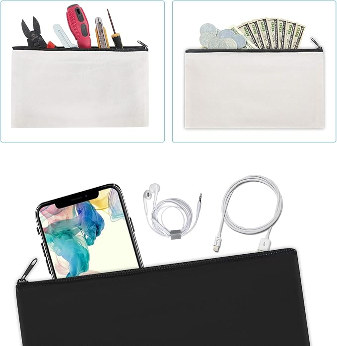 12 Pieces Black Cotton Canvas Makeup Bag, Multipurpose Cosmetic Bag with Zipper Travel Toiletry Pouch, Blank DIY Craft Bag (Black, M)