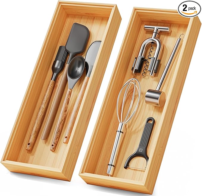 Bamboo Kitchen Drawer Organizer Boxes – 14" x 5" Stackable Wood Silverware Utensil Tray for Drawers, Cutlery & Flatware Storage – Wooden Organizers Set of 2 for Junk Drawer Bins, Bathroom, RV