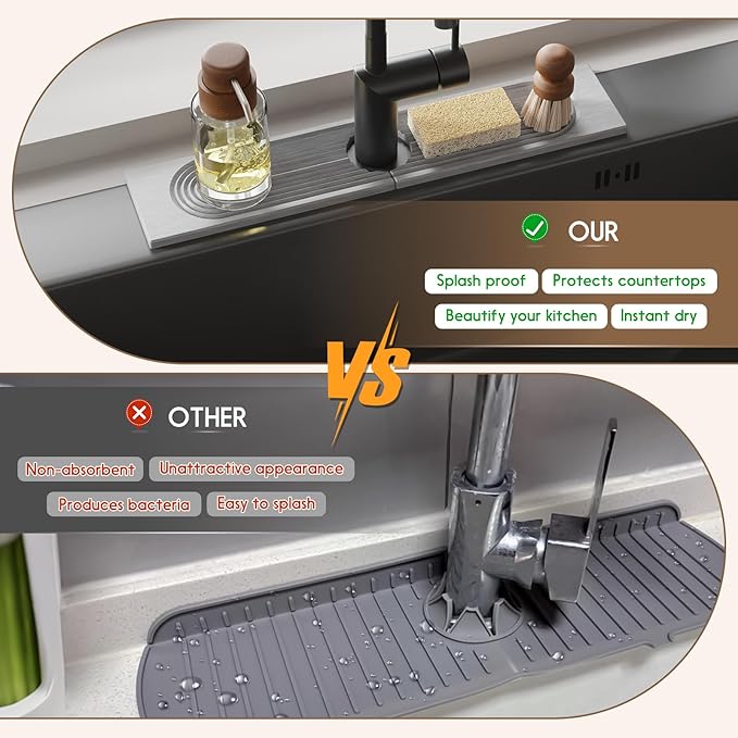 Faucet Mat for Kitchen Sink, Diatomite Quick Drying Tray, 20 Inch Kitchen Sink Splash Guard and Bathroom Stone Tray for Counter. Super Absorbent. Light Gray.
