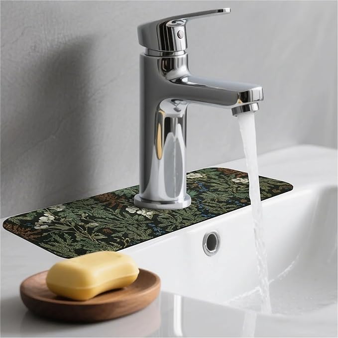 Kitchen Sink Splash Guard，Dark green forest Faucet Mat Sink Gadgets-Super Absorbent Fast Drying Mat Drip Catcher for Kitchen, Bathroom,Sink Mat, Dish Drying Mat, Bathroom(15" X 5.5" )