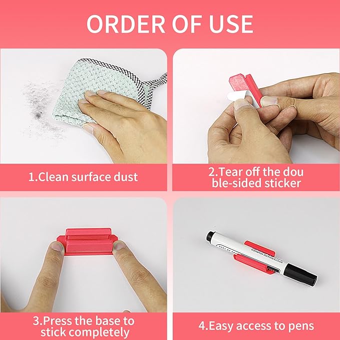 12 Pack Pen Holder for Desk, Silicone Pencil Holder with 12 Extra Adhesive Stickers, Adhesive Pen Holder & Marker Clip for Classroom Office Desk or Any Surface, Teacher Accessories Supplies (Red)