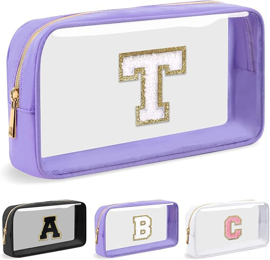 Personalized Initial Letter Clear Makeup Bag,Preppy Small Nylon&PVC Cosmetic Zipper Bag with Chenille Letter,Travel Skincare Toiletry Bag,Monogram Christmas Gift for Teen Girls Women,T