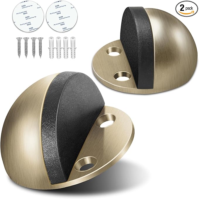 2 Pack Door Stop, Adhesive Door Stoppers Floor Mounted Door Stops No Drill Doorstop Stainless Steel with Rubber Bumper Wall Protector for Home Office, Brushed Bronze