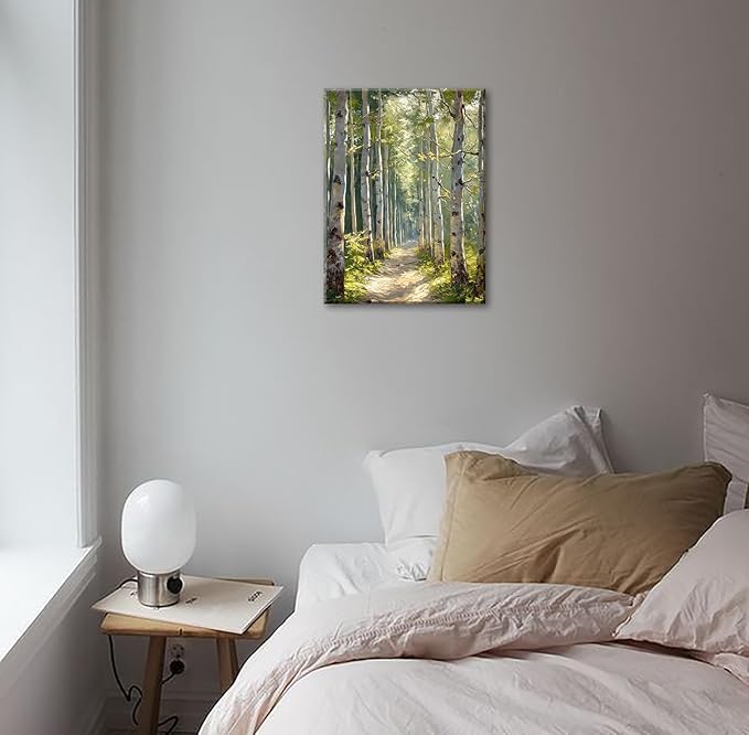 White Birch Tree Wall Art Green Forest Canvas Painting Prints Nature Scenery Landscape 3D Textured Picture for Bathroom Bedroom Living Room Wall Decor Modern Home Office Artwork Framed 12x16 Inch