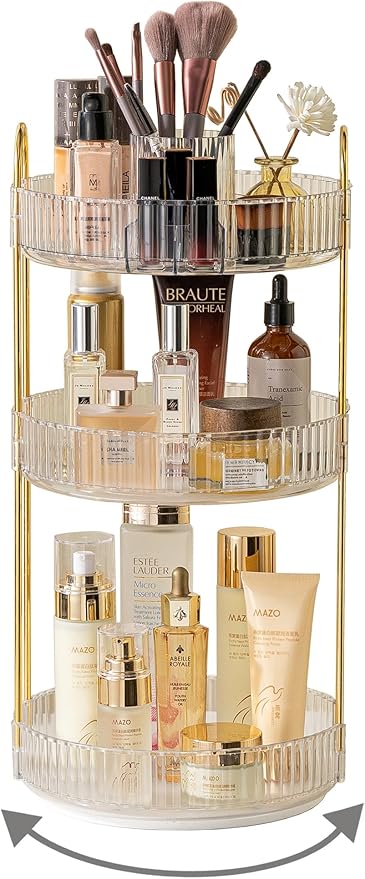 360 Rotating Makeup Organizer, 3-Tier Large Capacity Makeup Organizers and Storage, Skincare Perfume Vanity Organizers, Bathroom Cosmetics Storage Organizer Countertop (Clear)