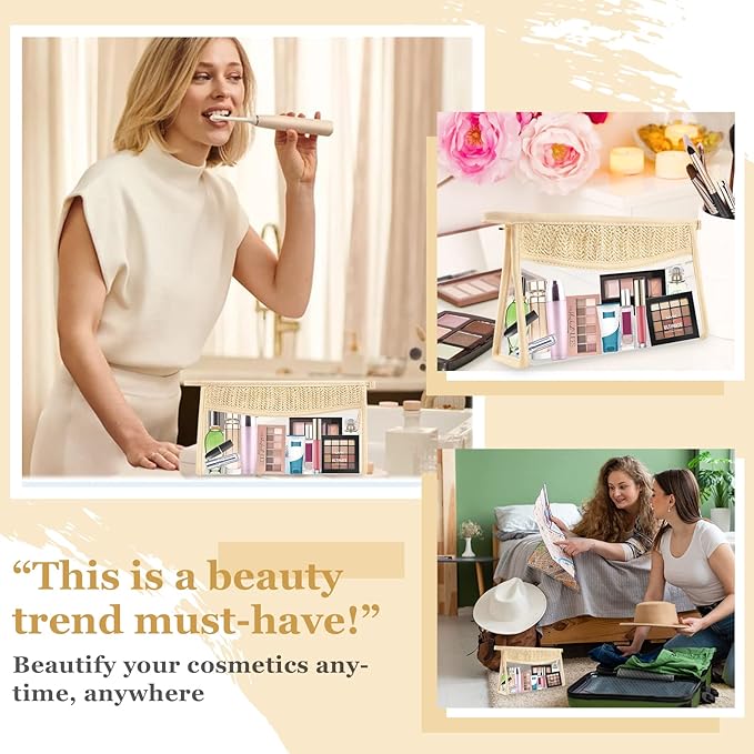 2 Pcs Boho Clear Makeup Bag Cosmetic Zipper Pouch Purse, Clear Toiletry Bags Travel Small Preppy Cute Chenille Letter Bag, Transparent Waterproof Clutch Make Up Organizer Storage Bag for Women Girls