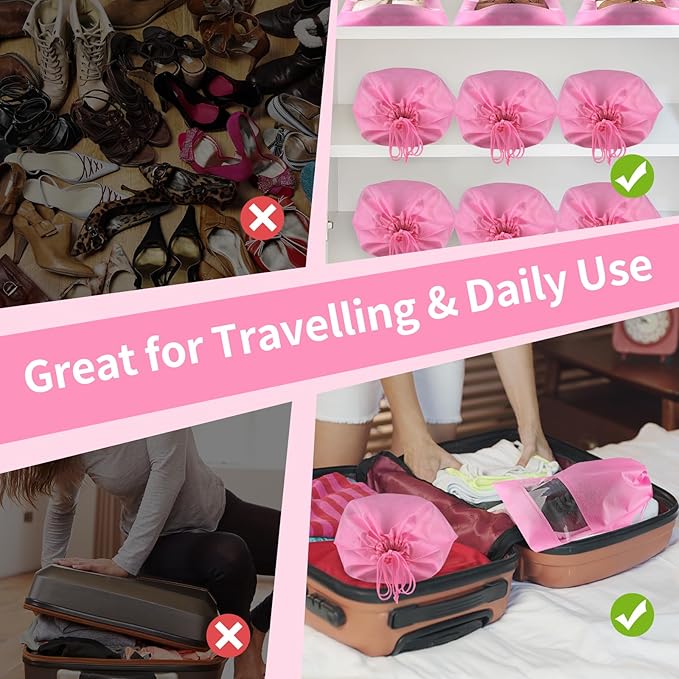 12 Pack Shoe Bags for Travel, Large Travel Shoe Bags for Packing with Clear Window, Dustproof Drawstring Travel Shoe Storage Bags Travel Essentials for Men & Women, Pink