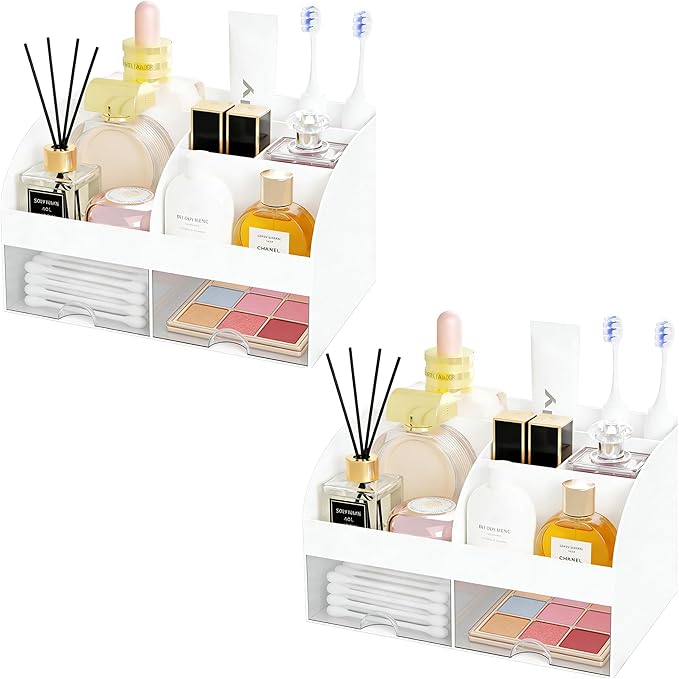 Makeup Organizer with 2 Drawers, Cosmetic Storage for Dresser Vanity and Bathroom Countertop, Make-up Organization and Skincare Storage with Beauty Brush Holder, Cosmetic Display Case, 2-Piece Set, White