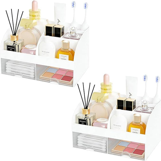 Makeup Organizer with 2 Drawers, Cosmetic Storage for Dresser Vanity and Bathroom Countertop, Make-up Organization and Skincare Storage with Beauty Brush Holder, Cosmetic Display Case, 2-Piece Set, White