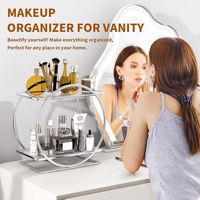 Perfume Organizer for Bedroom Dresser - Silver Makeup Organizers for Vanity, 2 Tier Bathroom Countertop Organizer Perfume Tray Skincare Storage Cosmetic Display Rack, Makeup Counter Shelf