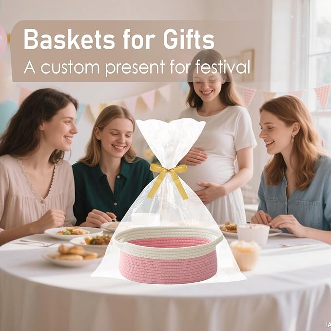 Woven Basket, Small Rope Storage Bin with Handles & Ribbon Bag, Organizer for Shelves Closets, Empty Gift Basket for Birthday, Books, Dog Toys, White & Pink/2 Pack