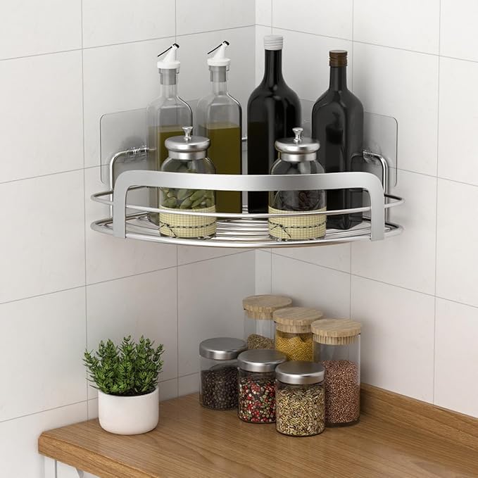 STEUGO 2 Pack Shower Caddy Corner, Bathroom Corner Shower Shelves, Adhesive Wall Mounted Shower Caddy with 4 Movable Hooks, No Drilling Shower Shelf, Stainless Steel Silver.