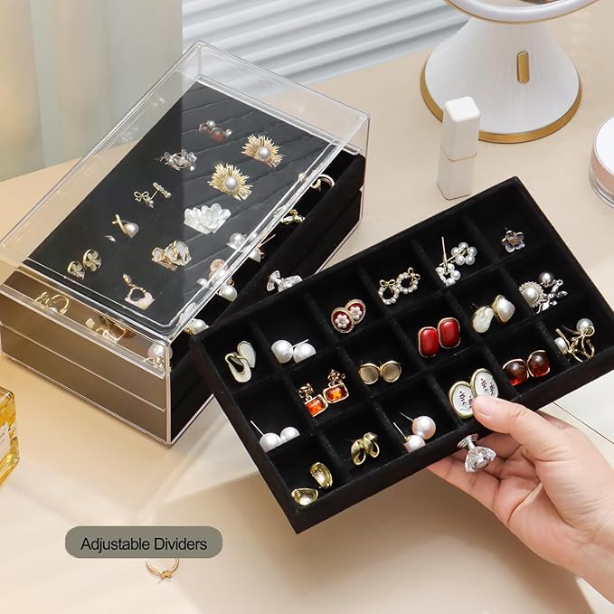 SPAKOWN Earring Box Holder Organizer Case, Clear Velvet Jewelry Storage Tray Organizer for Earring Ring Stud (Black - 3 Drawers)