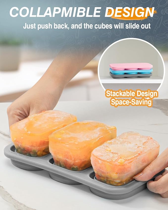 Silicone Freezer Trays With Lid And Clip, Stackable 1 Cup Soup Freezer Molds, 2 Pack Large Ice Cube Trays, Collapsible Freezing Molds for Meal Prep, Leftovers, Sauce, Broth, Kitchen Gifts Set