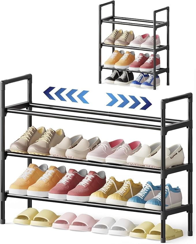 Kitsure Shoe Rack for Closet - Expandable Shoe Rack for Entrance, Rustproof Shoe Organizer for Entryway with Portable Handles, Black, 17.3″~30.2″L x 22.4″H