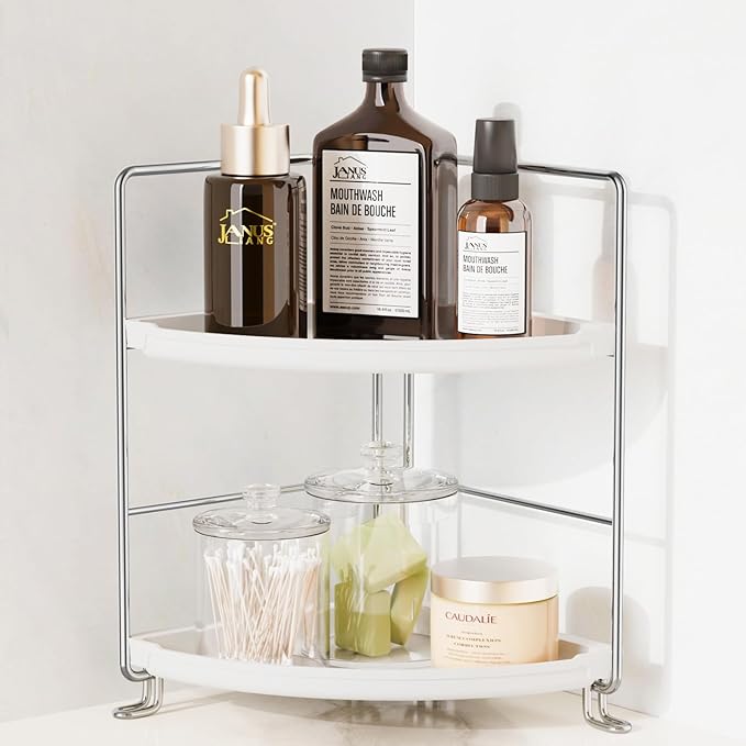 2-Tier Corner Bathroom Countertop Organizer, Tiny Counter Corner Shelf Skincare Makeup Perfume Organizer and Organization for Kitchen (White)