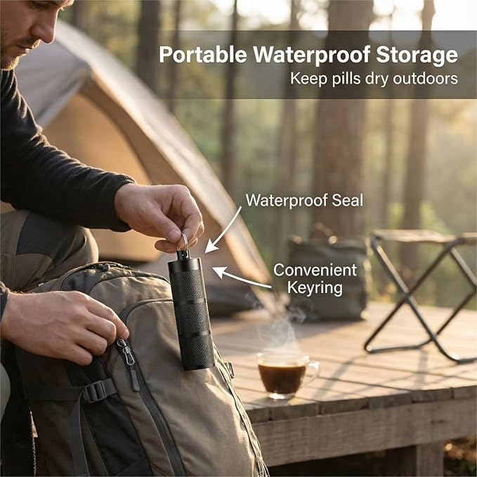 Waterproof Keychain Pill Holder - Compact, Portable, and Secure Pill Box with 3 Compartments - Pocket-Sized Pill Case and Container for Daily Medication on The Go, Black