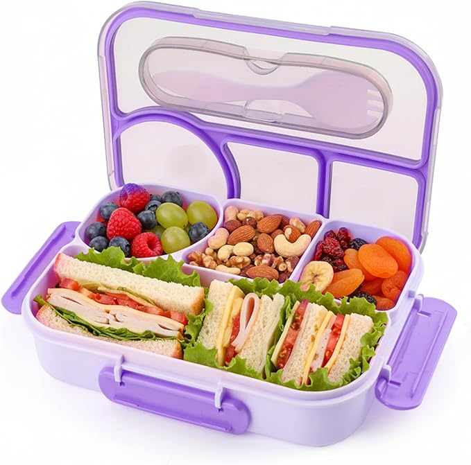 Bento Box for Adults,4 Compartments Lunch Box, Snack Containers Reusable Lunch Containers Drop-Proof, Dishwasher Safe & Made with BPA-Free Materials, Purple