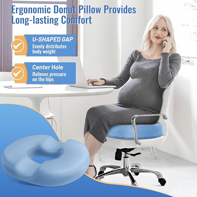 CloudBliss Donut Pillow Seat Cushion Chair Pad for Tailbone Pain Relief and Hemorrhoids, Memory Foam Cushion for Men and Women for Home & Office, Light Blue