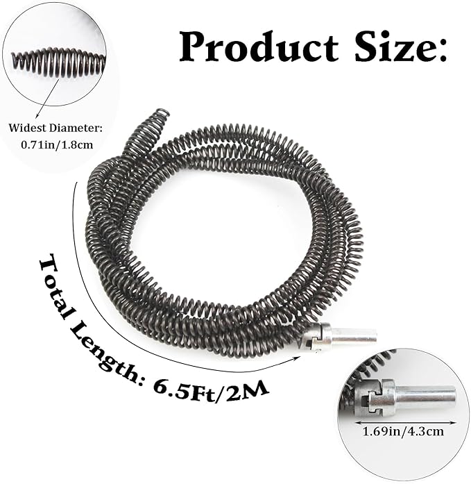 6.5Ft Drill Drain Snake, Carbon Steel, 10mm, Black, Drain Auger Cable, 1 Pack