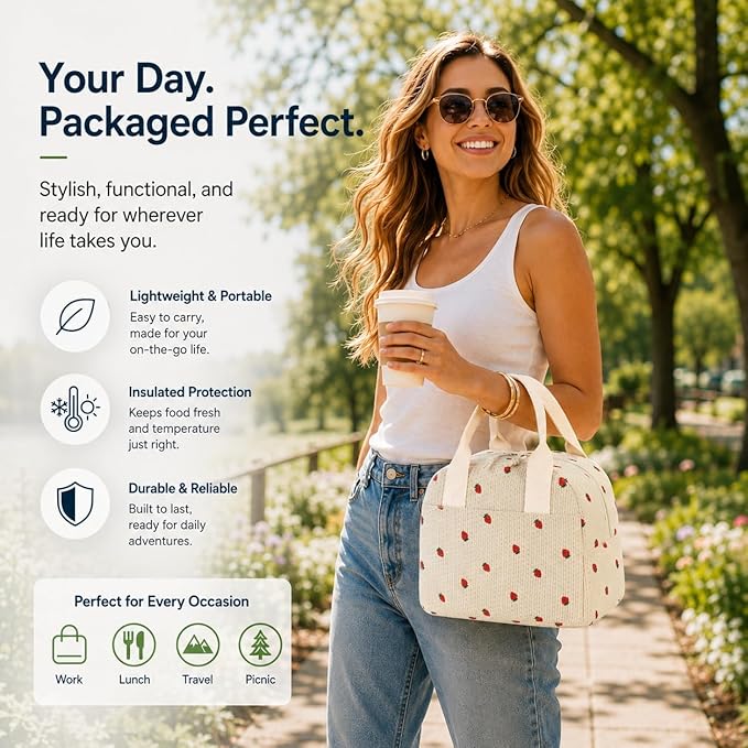 LOVELYWIND Insulated Strawberry Lunch Bag for Women, Stylish Corduroy Tote with Aluminum Lining, Large Capacity Reusable Cooler for Work, Travel, Beach or Picnic, Beige Cream Water-Resistant Lunch Box