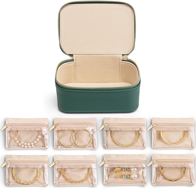 Vlando Jewelry Box with 8 Velvet Jewelry Bags Travel Jewelry Storage Box Petal Hardware Jewelry Organizer for Necklace Rings Earrings Women Gifts for Christmas Birthday-Green