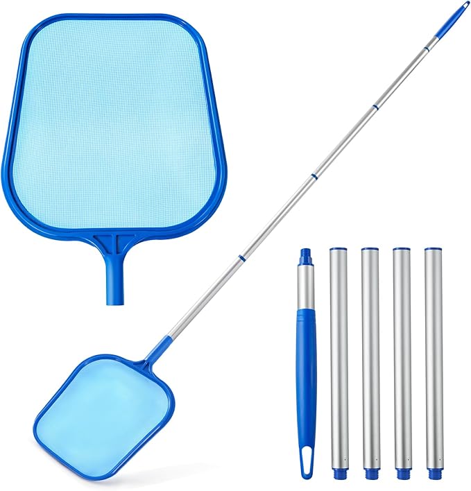 Pool Skimmer - Pool Skimmer Net with 5 Aluminum Pole Sections 64'', Skimmer Net with Fine Mesh Net for Cleaning Leaf of Swimming Pools, Spas, Hot Tubs and Fountains