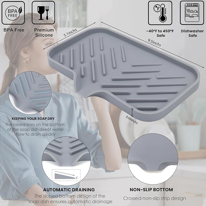 Yasmen Silicone Bathroom Soap Dishes, Sink Sponge Holder for Kitchen, Rubber Soap Dish with Drain, Shower Soap Sponge Tray, Sink or Counter Organizer, for Bar Soap, Bottle, Dish Soap Dispenser-Grey