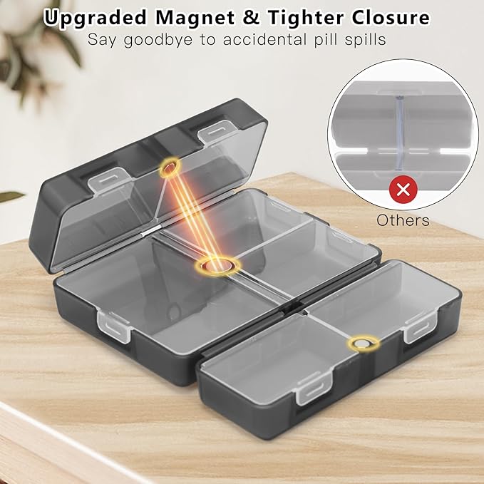 FYY Daily Pill Organizer, 7 Compartments Portable Pill Case Travel Pill Organizer,[Folding Design] Pill Box for Purse Pocket to Hold Vitamins,Cod Liver Oil,Supplements and Medication-Clear Black