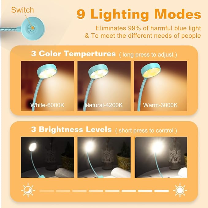 2 Packs Rechargeable Book Reading Light - Adjustable Brightness, 3 Color Temperatures, 30+ Hours Runtime - Eye Care 10 LED Lamp for Reading for Bed,Back to School Gift for Students,Blue & Black