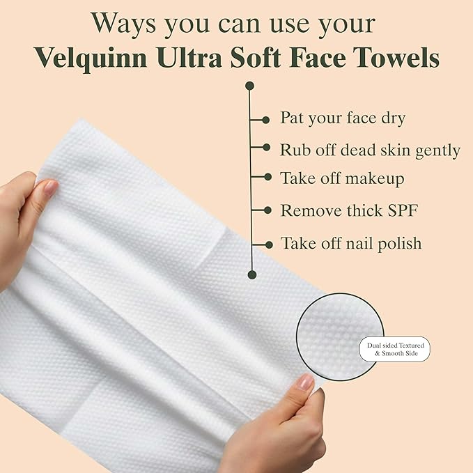 Velquinn Disposable Face Towels -50 Count XL, Double-Side Design, Ultra-Soft & Organic, Eco-Friendly Materials, Perfect for Daily Use, Travel, Makeup Removal, Home & Gym Skincare with facial towels