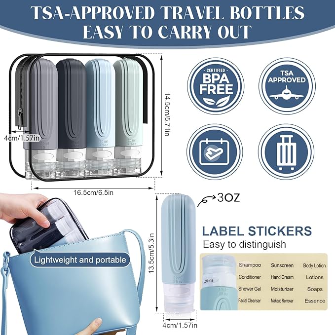 Travel Bottles for Toiletries, 3oz TSA Approved Travel Size Toiletries, Silicone Leak-Proof Refillable Containers, Squeezable Liquid Essentials Bottles W/Clear Bag (GRAY)