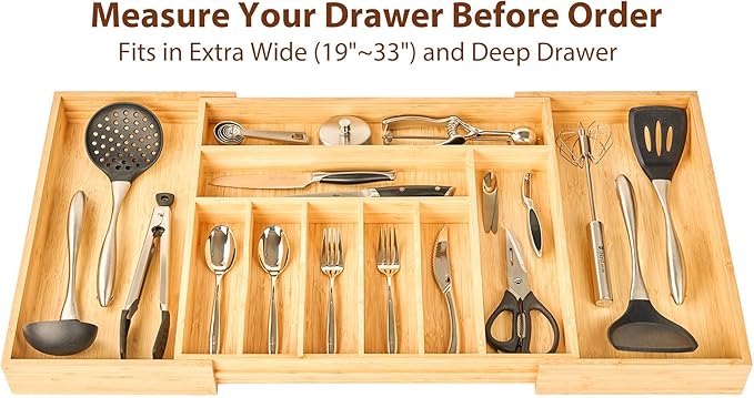 Umilife Extra Large Expandable Kitchen Silverware Utensils Drawer Organizer, 19" Deep for Big Drawer, Adjustable Bamboo Wood Drawer Divider with Curved Grooves, Cutlery Tray Flatware Holder