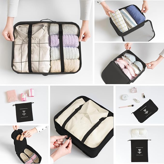 8 Set Packing Cubes for Suitcases Travel Luggage Packing Organizers, Travel Essentials Accessories Luggage Organizer with Shoe Bag Toiletry/Laundry Bag (Black)