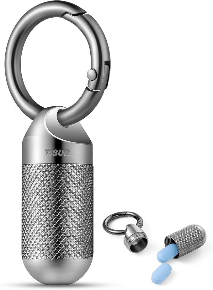 TISUR Titanium Keychain Pill Holder Small Metal Pill Case, Pill Organizer Portable Waterproof Pill Container, Travel Pill Bottle Box for Purse (Small-0.51inch)