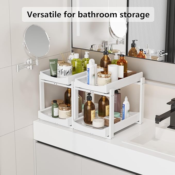 Wisuce Essentials Bamboo Under Sink Organizer Adjustable Height 2 Tier Bathroom Organizer Pull Out Cabinet Storage Kitchen Heavy Duty Wood Slide Out Shelf for Kitchen Bathroom (White, 2 Packs)