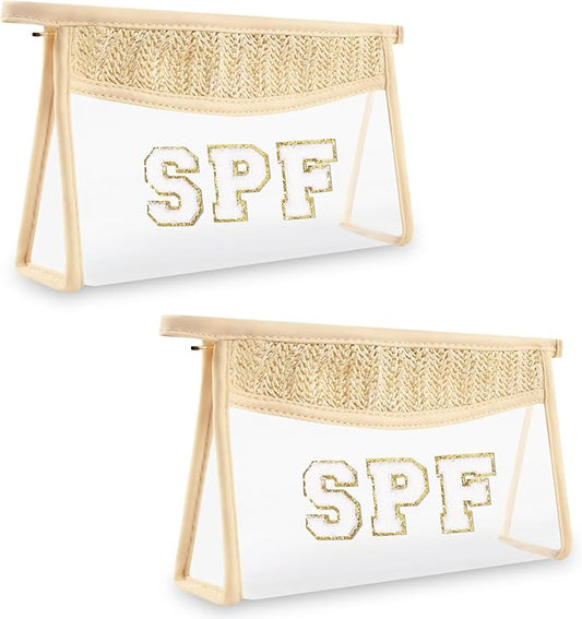 2 Pcs Boho Straw Clear Makeup Letter Pouch, Sunscreen Bags for Travel Beach, Waterproof SPF Best Beach Accessories