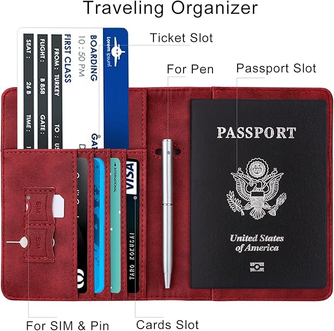 WALNEW Passport Holder for Travel, RFID Passport Cover Wallet for Women Men, PU Leather Passport Book Card Holder Case with Pen (Elastic Band Closure, C-Red)