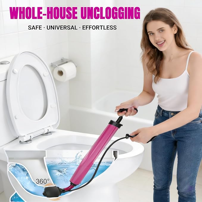 Manual Drain Unclogger, High Pressure Toilet Plunger: No-Splash, No Electricity, No Accessories, Pipe-Safe, Easy to Use, Reusable & Easy to Clean for Toilet, Sink, Bathtub, All Household Pipes