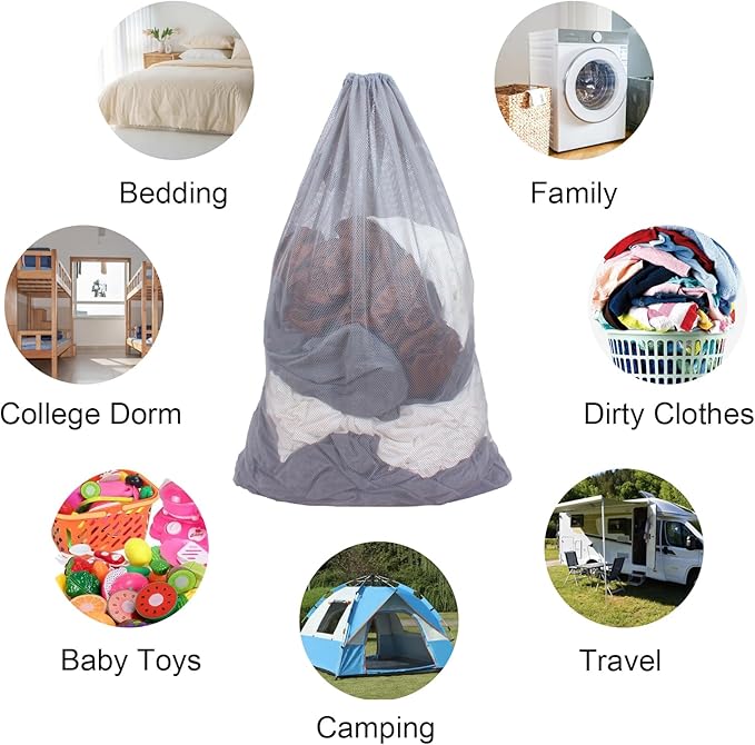 2 Pack Mesh Laundry Bags, 24 x 36 Inches Heavy Duty Drawstring Bag, Factories, College, Dorm, Travel and Apartment Dwellers, Gray