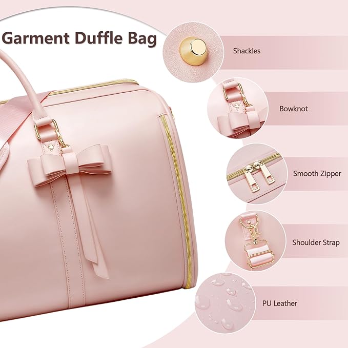 Garment Bags for Travel, Convertible Suit Travel Bag for Women, Fashion & Cute Carry On Garment Bag with Shoe Pouch, 2-in-1 Foldable PU Leather Hanging Duffle Bag, Single-Zipper Design, Pink