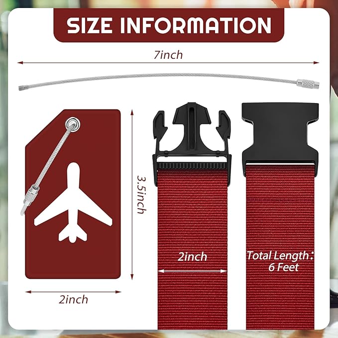 Weewooday 8 Pcs Luggage Straps Suitcase Tags Set for TSA Approved, 4 Travel Adjustable Suitcase Belt, 4 Silicone Luggage Tags with Name ID Card Travel Accessories(Wine Red,Airplane)