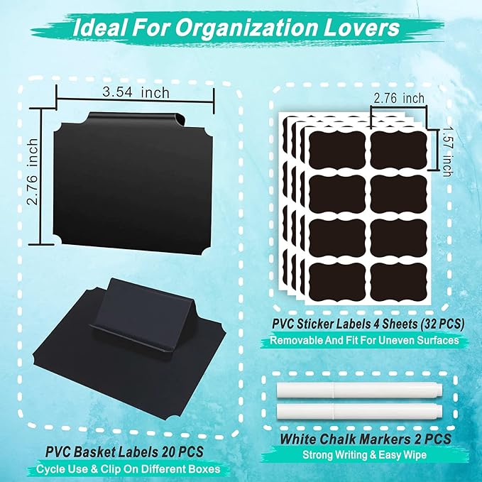 54-Piece Set of Basket Labels Clip On For Storage Bins: 20 Erasable Plastic Kitchen Pantry Labels, 32 Removable PVC Tag Stickers, 2 White Chalk Markers, For Organization Container, Jar, Shelf, Laundry