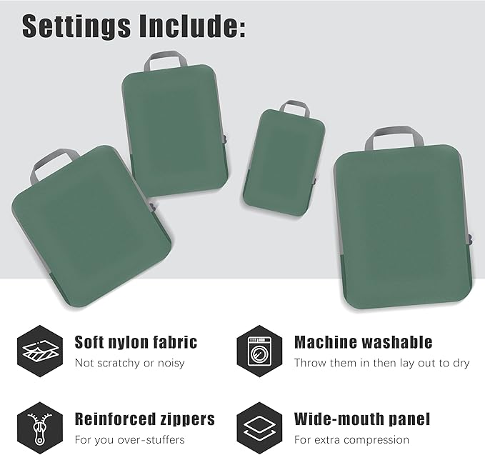 4 Set Compression Packing Cubes Travel - Travel Accessories Expandable Packing Organizers for Carry On - Essentials Luggage Bags - Green