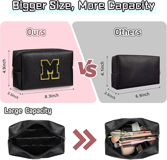 TOPEAST Initial Makeup Bags for Women, Personalized Portable Cosmetic Bag for Travel, Cute Makeup Pouch, PU Leather Waterproof Toiletry Bag, Preppy Things for Girl (Black V)