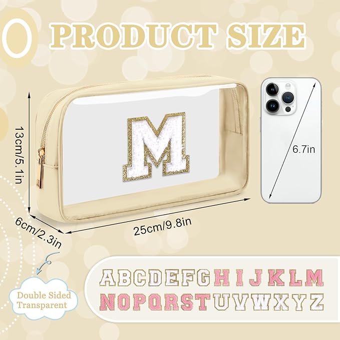 Small Clear Personalized Initial Makeup Bag,Nylon Preppy A-Z Chenille Letter Patch Cosmetic Pouch Beach Toiletry Bag,Waterproof Zipper Travel Purse Storage Bag Organizer for Women Girls(Beige-White M)