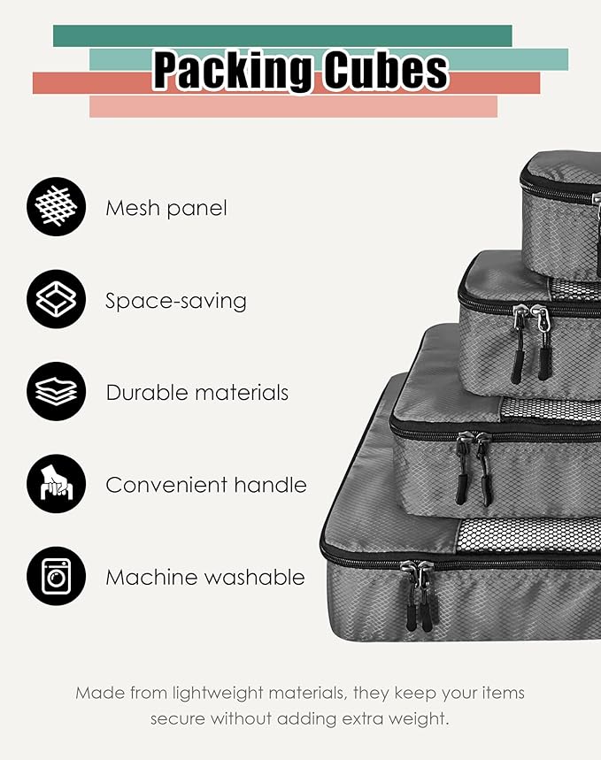 4-Piece Packing Cubes Travel Accessories Set for Suitcases - Luggage Organizer Bags with Double Zipper - Mesh Top - Small/Medium/Large/Slim - Dark Grey
