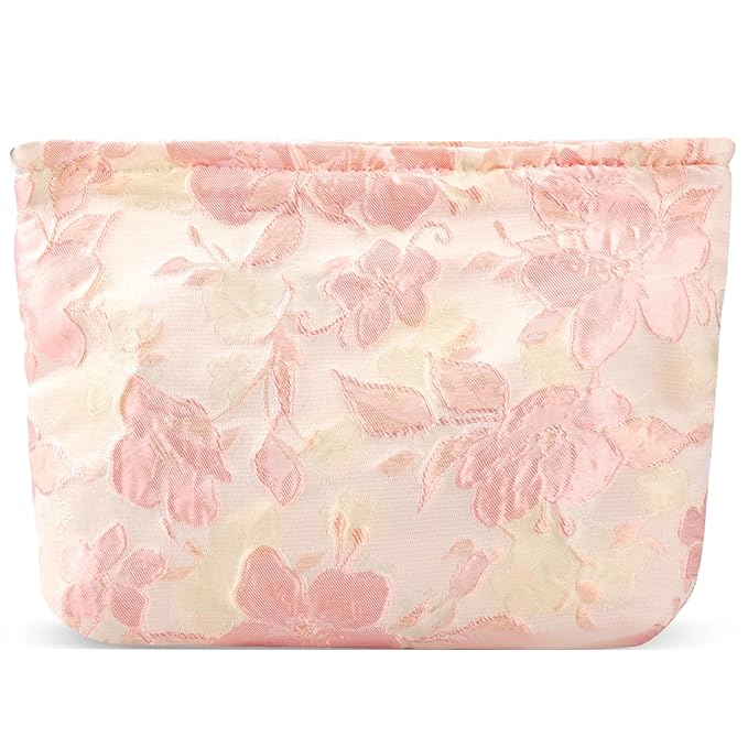 ZLFSRQ Flower Makeup Bag Travel Cute Floral Cosmetic Bags for Women Large Capacity Toiletry Pouch Zipper Cosmetic Pouch for Purse Aesthetic Embossed Pink Makeup Organizer Portable Toiletry Bags